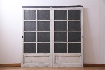 アンティーク建具　ダイヤガラス　ペイント　上手物!フレンチナチュラルにもぴったりなガラス戸2枚セット(引き戸、建具)(R-038366)