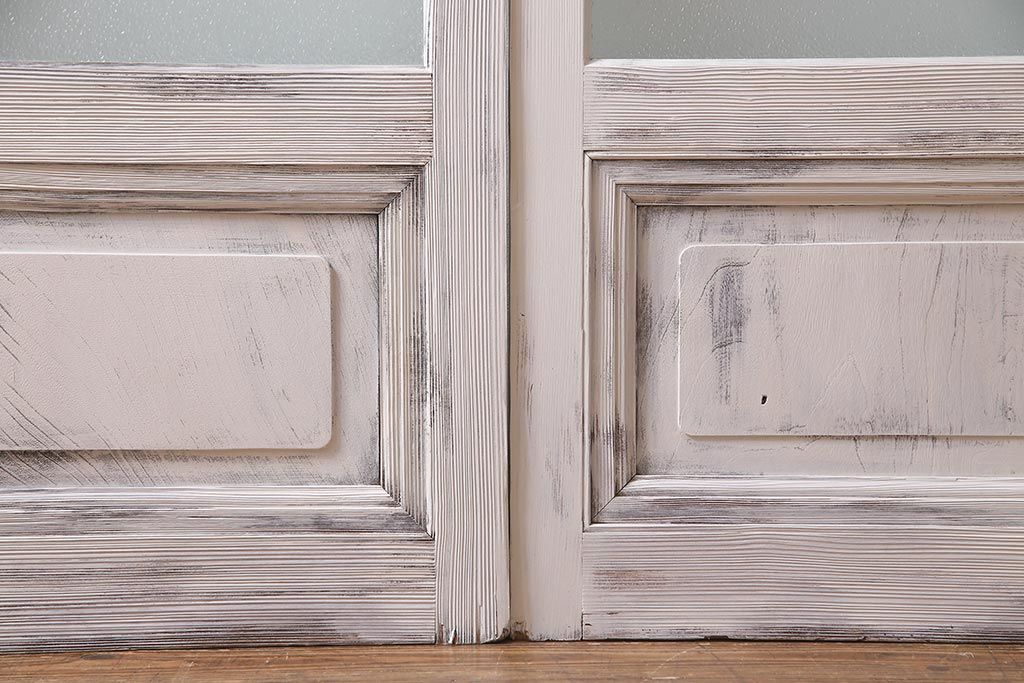 アンティーク建具　ダイヤガラス　ペイント　上手物!フレンチナチュラルにもぴったりなガラス戸2枚セット(引き戸、建具)(R-038366)