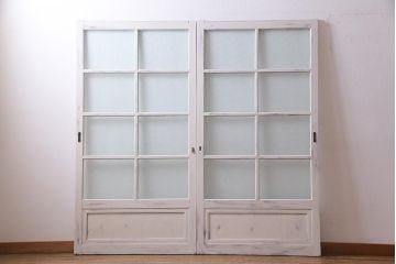 アンティーク建具　ダイヤガラス　ペイント　上手物!フレンチナチュラルにもぴったりなガラス戸2枚セット(引き戸、建具)(R-038366)