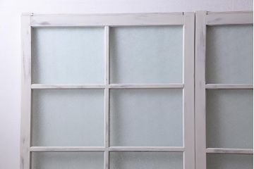 アンティーク建具　ダイヤガラス　ペイント　上手物!フレンチナチュラルにもぴったりなガラス戸2枚セット(引き戸、建具)(R-038366)