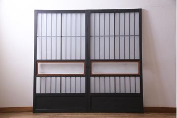 レトロ建具　ペイント　すりガラス入り　和モダンな雰囲気漂うガラス戸2枚セット(引き戸、建具)(R-038367)
