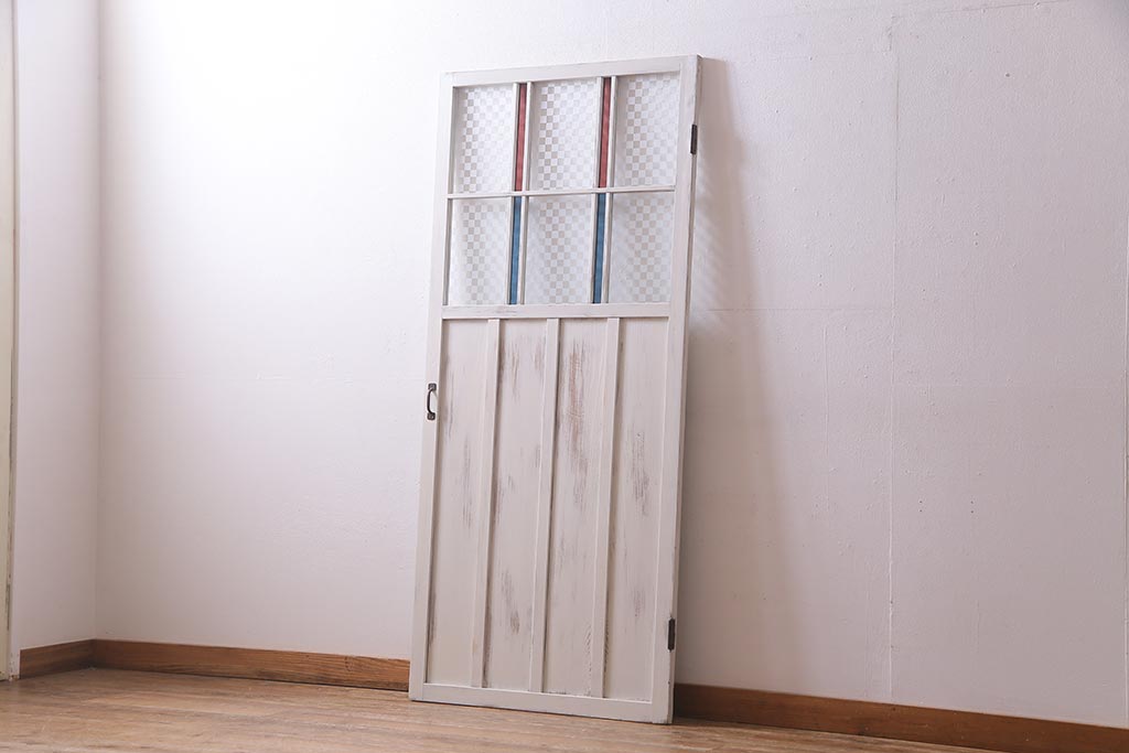 アンティーク建具　当店オリジナルガラス　色ガラスが可愛らしいペイントドア(扉、開き戸)(R-038369)