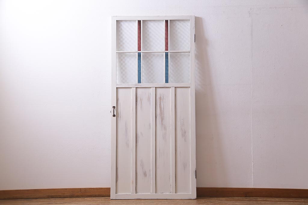 アンティーク建具　当店オリジナルガラス　色ガラスが可愛らしいペイントドア(扉、開き戸)(R-038369)