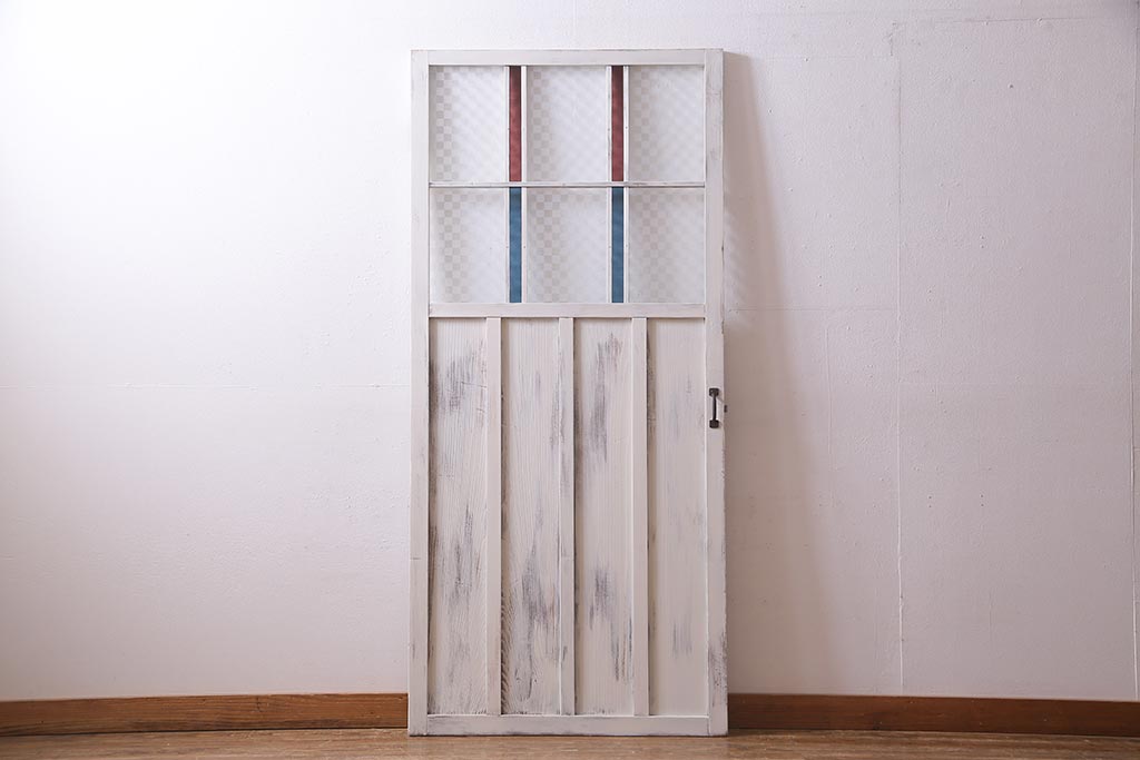 アンティーク建具　当店オリジナルガラス　色ガラスが可愛らしいペイントドア(扉、開き戸)(R-038369)