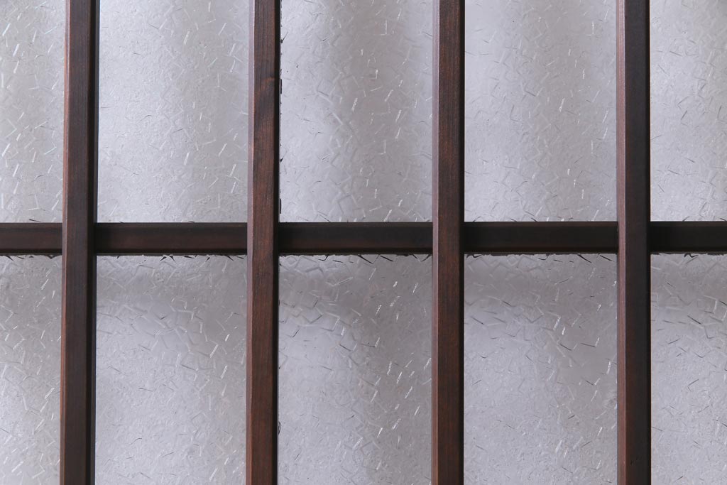 アンティーク建具　和製アンティーク　昭和初期　すりガラス　模様ガラスが目を引く格子ガラス戸2枚セット(引き戸、ガラス帯戸)(R-038374)