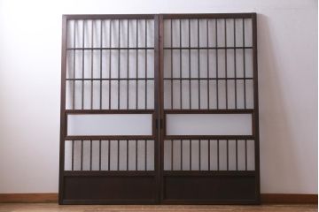 アンティーク建具　和製アンティーク　昭和初期　すりガラス　模様ガラスが目を引く格子ガラス戸2枚セット(引き戸、ガラス帯戸)(R-038374)