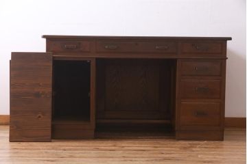 レトロ家具　昭和レトロ　ナラ材　モールガラス入り　ノスタルジックな空間を演出する両袖デスク(両袖机、在宅ワーク、在宅用ワークデスク)(R-038386)