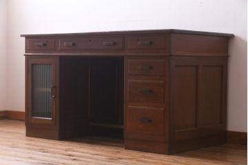 レトロ家具　昭和レトロ　ナラ材　モールガラス入り　ノスタルジックな空間を演出する両袖デスク(両袖机、在宅ワーク、在宅用ワークデスク)(R-038386)