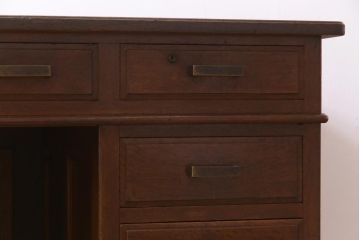 レトロ家具　昭和レトロ　ナラ材　モールガラス入り　ノスタルジックな空間を演出する両袖デスク(両袖机、在宅ワーク、在宅用ワークデスク)(R-038386)