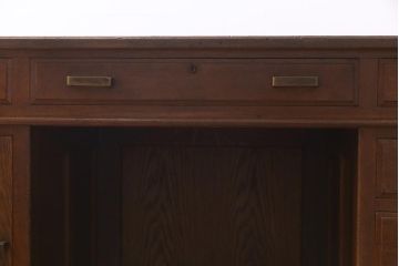 レトロ家具　昭和レトロ　ナラ材　モールガラス入り　ノスタルジックな空間を演出する両袖デスク(両袖机、在宅ワーク、在宅用ワークデスク)(R-038386)