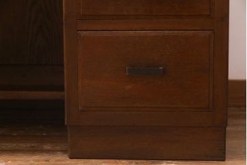 レトロ家具　昭和レトロ　ナラ材　モールガラス入り　ノスタルジックな空間を演出する両袖デスク(両袖机、在宅ワーク、在宅用ワークデスク)(R-038386)