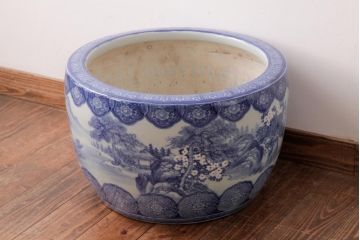 アンティーク雑貨　昭和初期　山水図　繊細で優しげな風景画の瀬戸火鉢(R-038406)
