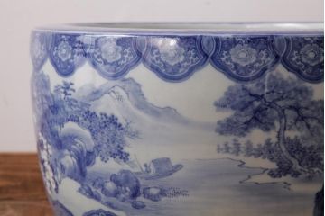 アンティーク雑貨　昭和初期　山水図　繊細で優しげな風景画の瀬戸火鉢(R-038406)