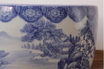 アンティーク雑貨　昭和初期　山水図　繊細で優しげな風景画の瀬戸火鉢(R-038406)