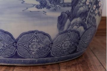 アンティーク雑貨　昭和初期　山水図　繊細で優しげな風景画の瀬戸火鉢(R-038406)