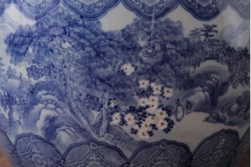 アンティーク雑貨　昭和初期　山水図　繊細で優しげな風景画の瀬戸火鉢(R-038406)