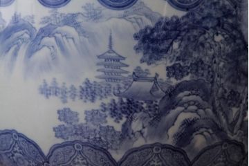 アンティーク雑貨　昭和初期　山水図　繊細で優しげな風景画の瀬戸火鉢(R-038406)