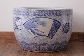 アンティーク雑貨　昭和初期　窓絵　細かな絵柄が趣深い瀬戸火鉢(R-038407)