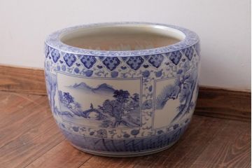 アンティーク雑貨　昭和初期　窓絵　松・山水図　和の風情感じる瀬戸火鉢(R-038409)