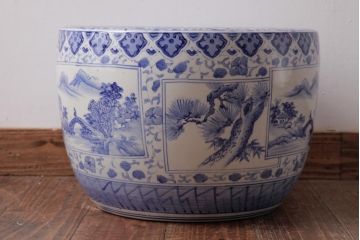アンティーク雑貨　昭和初期　窓絵　松・山水図　和の風情感じる瀬戸火鉢(R-038409)