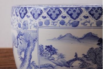 アンティーク雑貨　昭和初期　窓絵　松・山水図　和の風情感じる瀬戸火鉢(R-038409)