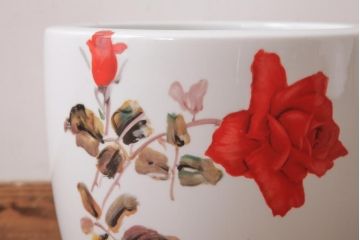ノリタケ・則武(日陶)　レッドローズ　シックな乳白紅薔薇文火鉢(瀬戸火鉢)(R-038411)