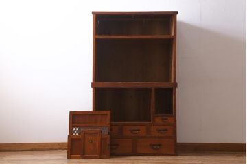 アンティーク家具　和製アンティーク　組子のガラス戸付き　レトロな水屋箪笥(重ね戸棚、収納棚)(R-038430)