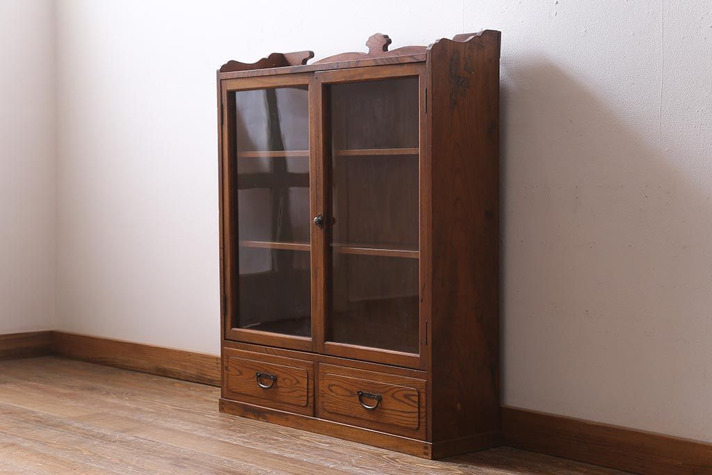 アンティーク家具　昭和初期　三方栓材　ユニークなデザインが魅力の本箱(ブックケース、収納棚)(R-038433)