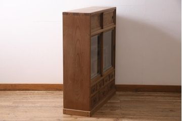 アンティーク家具　大正昭和初期　ストリップド(剥離)　三方ケヤキ材　上手物!黒柿が目を引く凝った造りの茶箪笥(収納棚、戸棚)(R-038434)