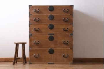 アンティーク家具　和製アンティーク　昭和初期　総桐材　丸金具付き!古い木の質感が渋い衣装箪笥(引き出し、チェスト、桐箪笥、桐たんす)(R-038439)