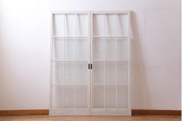 ヴィンテージ建具　ペイント　繊細な花の模様が印象的なガラス戸2枚セット(引き戸、建具、ビンテージ)(R-038451)