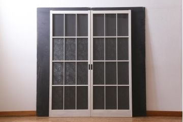 ヴィンテージ建具　ペイント　繊細な花の模様が印象的なガラス戸2枚セット(引き戸、建具、ビンテージ)(R-038451)