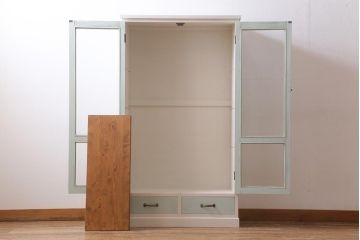 ラフジュ工房オリジナル　古建具リメイク　気泡ガラス・モールガラス　淡いペイントがお洒落なブックケース(本箱、収納棚、キャビネット)(R-038517)