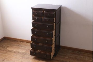 中古　北海道民芸家具　小物収納に使いやすいスリムなチェスト(引き出し、タンス)(R-038532)