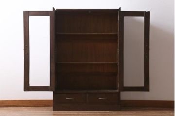 レトロ家具　昭和レトロ　昭和中期　モールガラス入り　濃い色味が味わい深いブックケース(本箱、キャビネット)(R-038544)