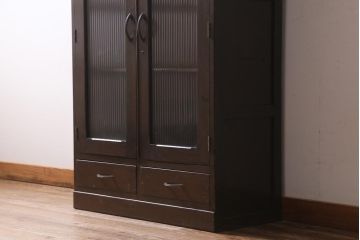 レトロ家具　昭和レトロ　昭和中期　モールガラス入り　濃い色味が味わい深いブックケース(本箱、キャビネット)(R-038544)