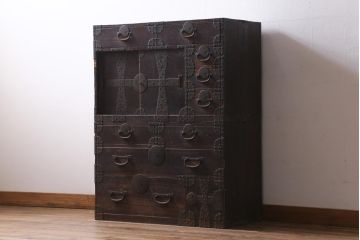 【簡易リペア限定品】アンティーク建具　明治期　十字金具が印象的な重ね帳場箪笥(時代箪笥、重ね箪笥、収納箪笥、整理箪笥)(R-038548)