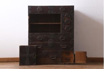 【簡易リペア限定品】アンティーク建具　明治期　十字金具が印象的な重ね帳場箪笥(時代箪笥、重ね箪笥、収納箪笥、整理箪笥)(R-038548)