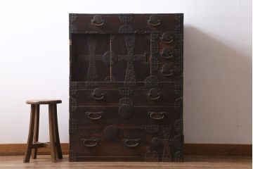 アンティーク家具　明治期　十字金具が印象的な重ね帳場箪笥(時代箪笥、重ね箪笥、収納箪笥、整理箪笥)(R-038548)