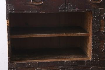 アンティーク家具　明治期　十字金具が印象的な重ね帳場箪笥(時代箪笥、重ね箪笥、収納箪笥、整理箪笥)(R-038548)