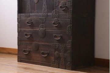 アンティーク家具　明治期　十字金具が印象的な重ね帳場箪笥(時代箪笥、重ね箪笥、収納箪笥、整理箪笥)(R-038548)