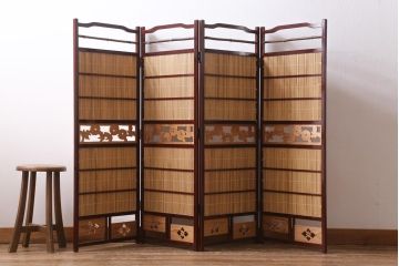 ビンテージ家具　和製ビンテージ 　昭和中期　すだれが涼やかな印象の四連折り畳み式パーテーション(衝立、仕切り)(R-038555)