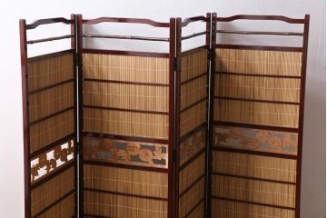 ビンテージ家具　和製ビンテージ 　昭和中期　すだれが涼やかな印象の四連折り畳み式パーテーション(衝立、仕切り)(R-038555)