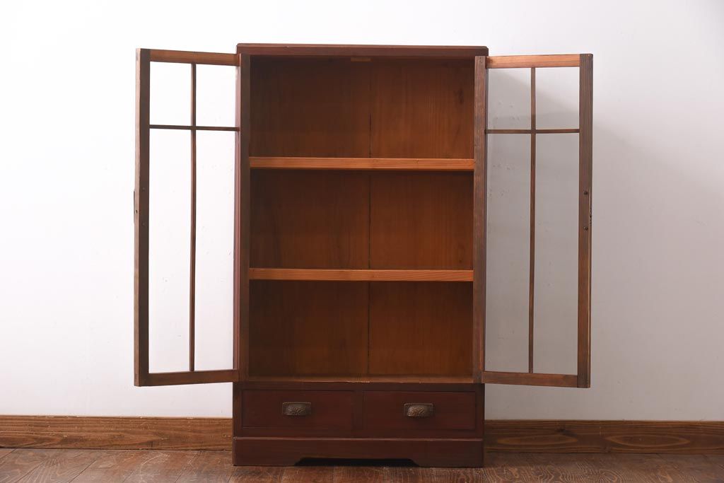 アンティーク家具　和製アンティーク　昭和初期　直線的なデザインが目を引くブックケース(本箱、収納棚)(R-038558)