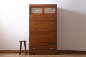 レトロ家具　昭和中期　三段重ね　花図柄が柔らかな印象あたえる衣装箪笥(衣装タンス、引き出し、チェスト)(R-038562)