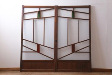 アンティーク建具　大正昭和初期　激レア　当時物色ガラス入り　赤と緑がアクセントのレトロなガラス戸2枚セット(引き戸、建具)(R-038570)