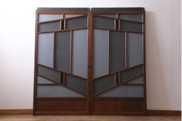 アンティーク建具　大正昭和初期　激レア　当時物色ガラス入り　赤と緑がアクセントのレトロなガラス戸2枚セット(引き戸、建具)(R-038570)