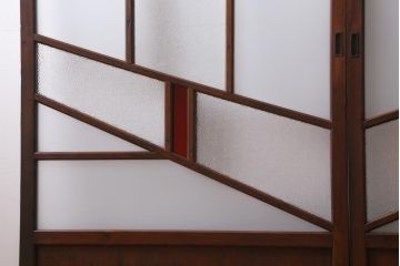 アンティーク建具　大正昭和初期　激レア　当時物色ガラス入り　赤と緑がアクセントのレトロなガラス戸2枚セット(引き戸、建具)(R-038570)