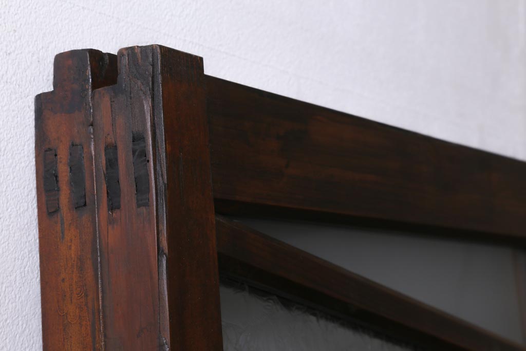 アンティーク建具　大正昭和初期　激レア　当時物色ガラス入り　赤と緑がアクセントのレトロなガラス戸2枚セット(引き戸、建具)(R-038570)