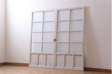 アンティーク建具　和製アンティーク　昭和初期　すりガラス入り　ホワイトペイントが爽やかなガラス戸2枚セット(引き戸、建具)(R-038634)